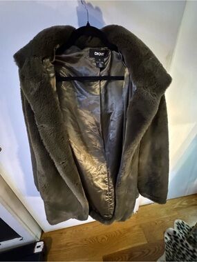 DKNY Brown Faux Fur Coat with Satin Lining Like New